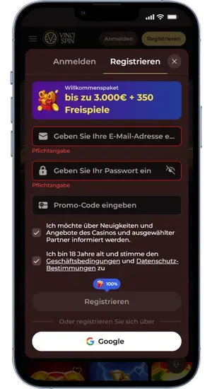 VinciSpin Registrierungsformular ausfüllen